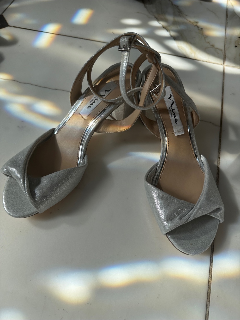 Nina Silver Metallic Knot-Front Ankle-Strap Heels